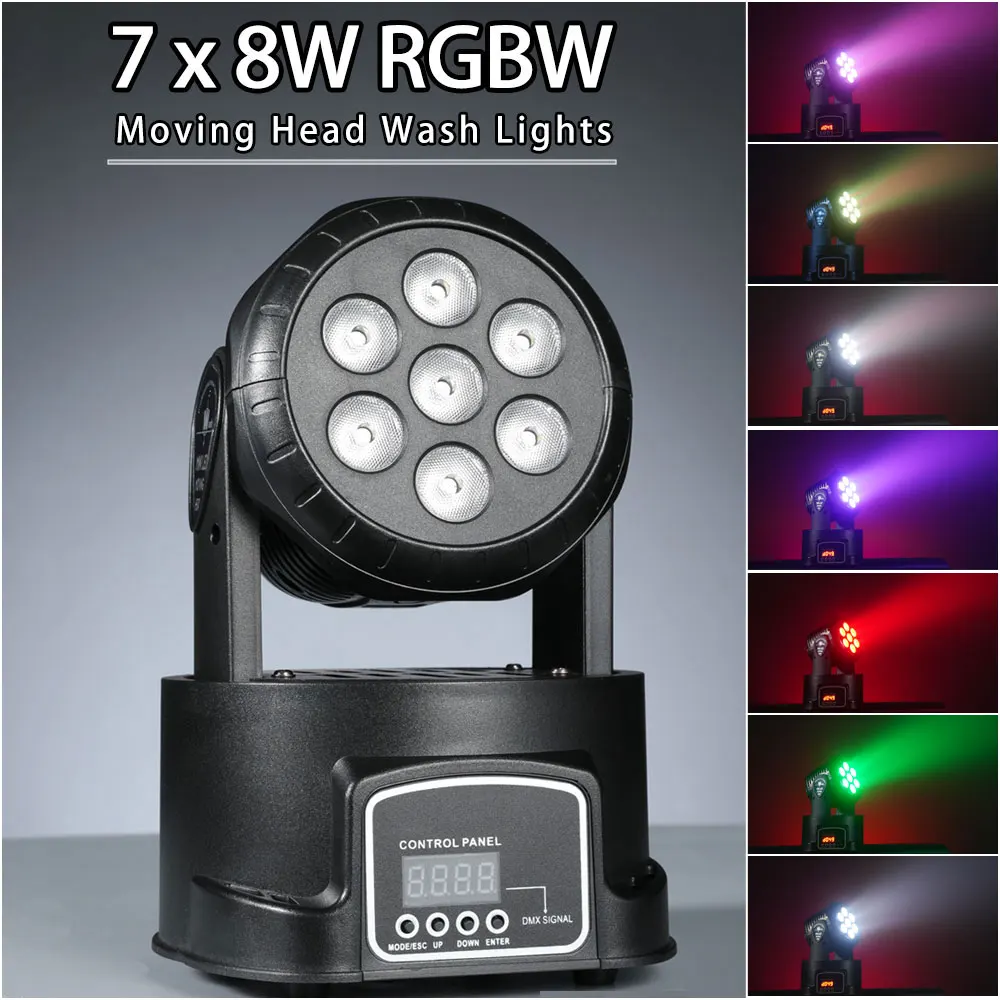

Светодиодные прожекторы 7*8W, вращающиеся головные светильники 56W, сценические светильники RGBW 4-в-1, поддерживающие передачу сигнала DMX512, подходят для диджеев, ди-джеевских выступлений.