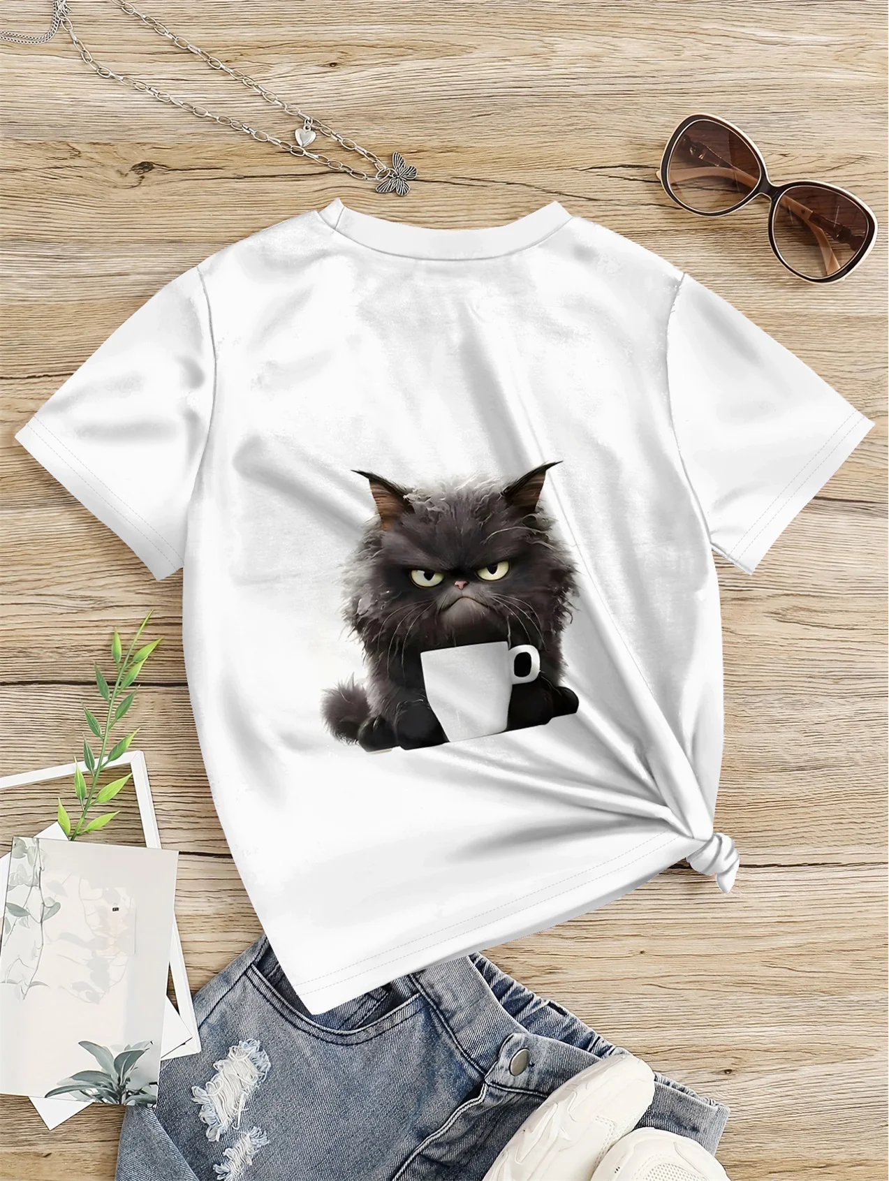 5 To14 Years Girl Clothes Angry Cat Face Print White T-shirt Children's Clothing Kids Summer Short Sleeve Child Top T-shirts