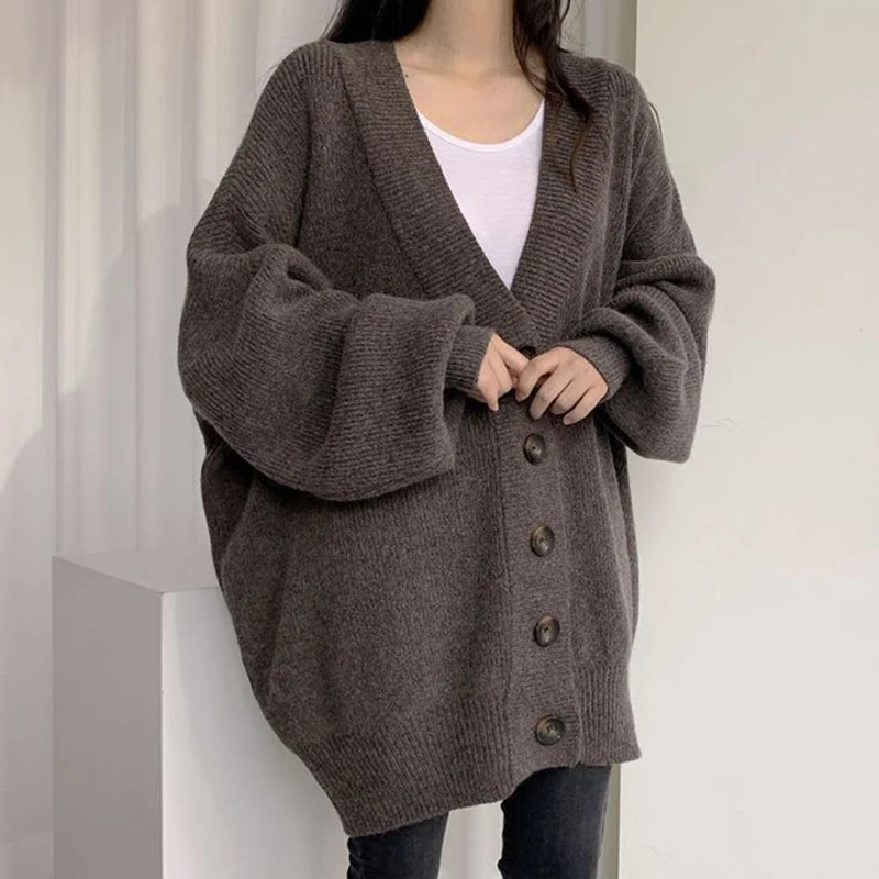 Rimocy Oversized Knit Cardigan for Women 2024 Korean Fashion Long Sleeve Sweater Woman Chic Single Breasted Loose Cardigan Coat