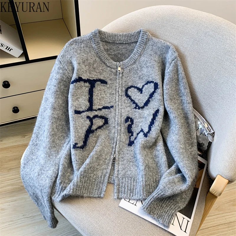 

Корейский жаккардовый вязаный кардиган, женский осенний свитер с круглым вырезом и длинными рукавами на молнии, повседневный мягкий уютный удобный свободный свитер, верхняя одежда