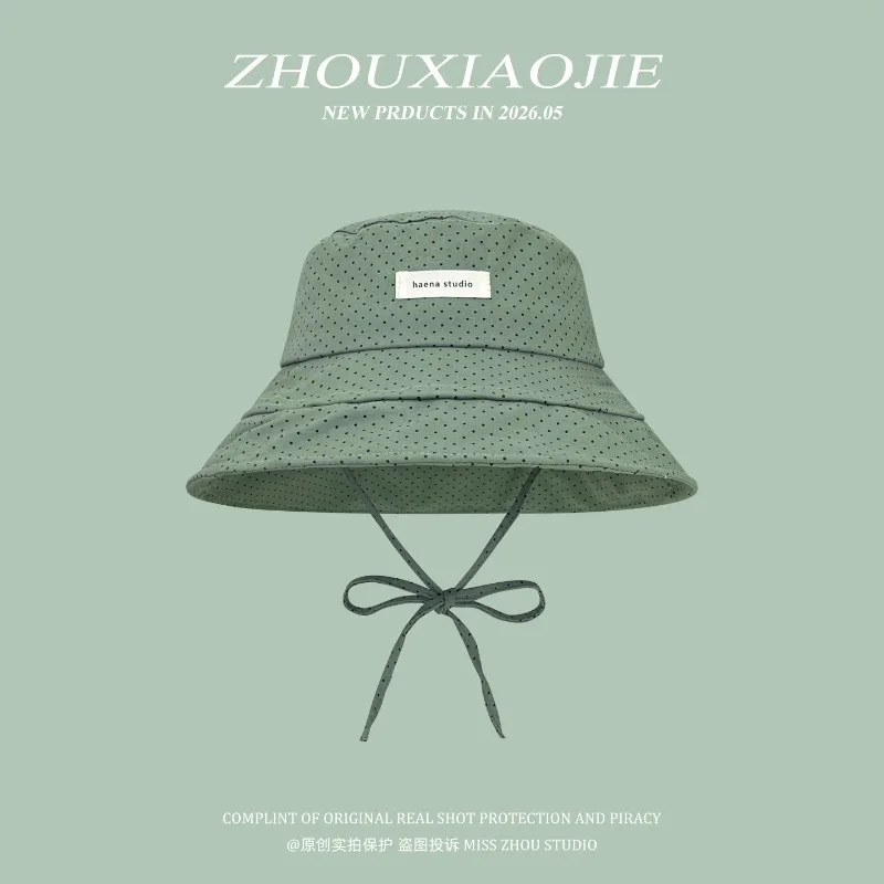 

2026 New Polka Dot Strappy Large Brimmed Bucket Hat Korean Version Women's Summer Vacation Sunshade Foldable Sun cap