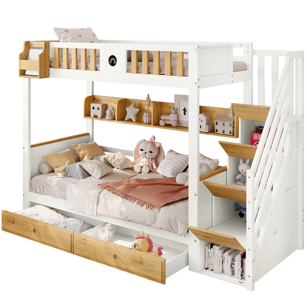 PINGGO Weißes Naturholz-Etagenbett 90x200cm mit Stauraum-Treppe, 4 Schränken, 2 Schubladen, offenem Regal, Fallschirmgitter, Kiefer+MDF, ohne Matratze – Detail 10