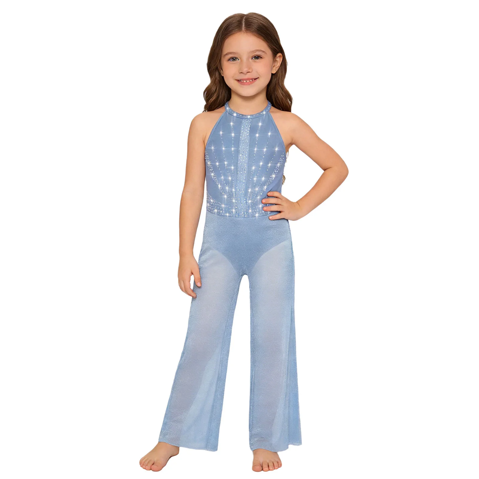 Kids Girls Rhinestones Ballet Dance Unitards Jumpsuit Figure Skating Costume Sides Split Wide-Leg with Built-in Briefs Bodysuit