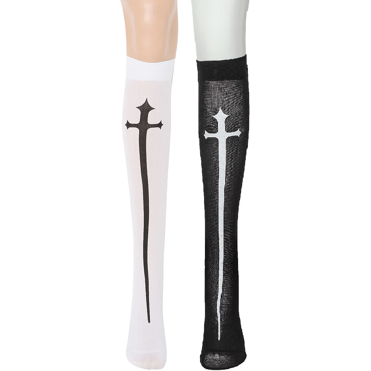 Gothic Cosplay Stockings Black White Halloween Party Accessories Crucifixion Print Stockings Makeup Ball Knee-high Nylon Socks 2