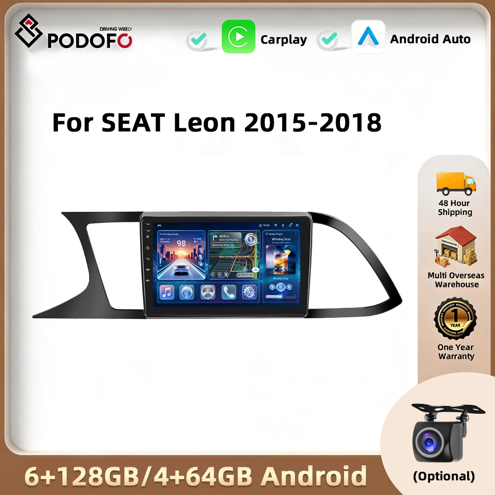 Podofo Wireless CarPlay for Apple Android Auto Car Radio For SEAT Leon 2015-2018 GPS Multimedia Stereo TouchScreen