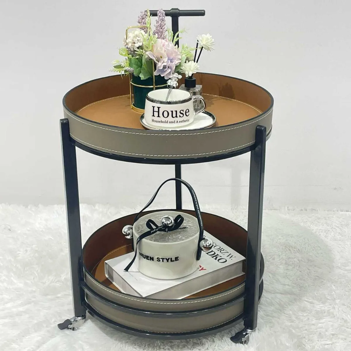 Light luxury saddle leather sofa side few living room trolley coffee table mobile home corner few bedside table with wheel rack