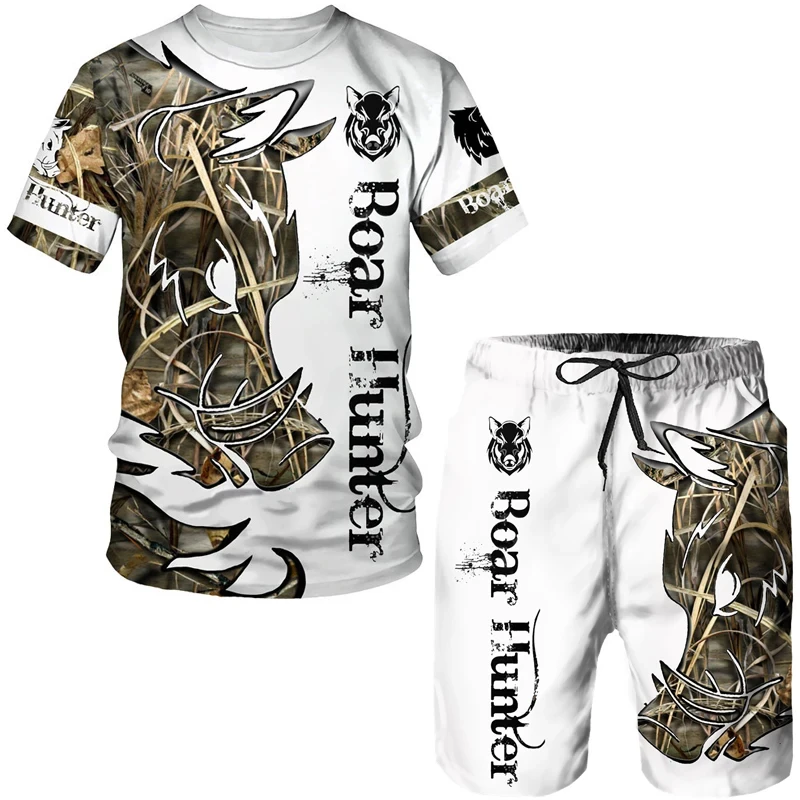 Summer New Bear Hunter Pattern Men\'s Shorts Sets Casual Street T Shirts+Shorts 2PCS Outfits 3D Camouflage Print O-Neck Tracksuit