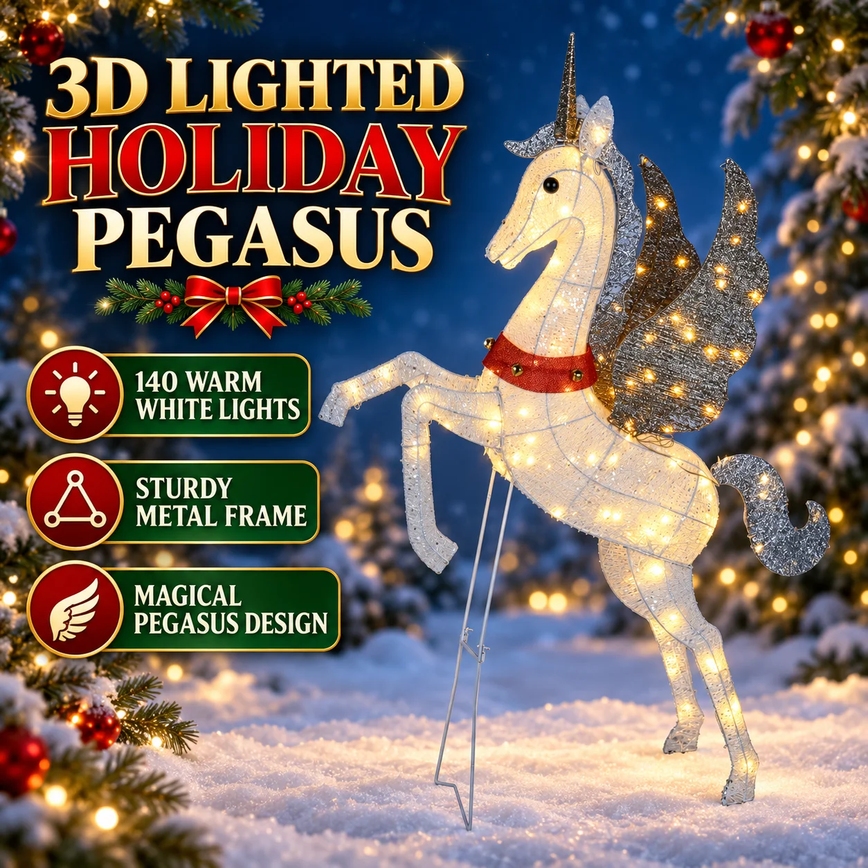 1 Pc 3D Lighted Unicorn Holiday Decoration, Large Freestanding Display With 140 Warm White Lights, Sturdy Metal Frame, 46 X 23.5 X 56 Inch, Festive Floor Decor For Christmas Parties, Home, Yard, Porch, Lawn And Seasonal Displays, Lighted Holiday Displays