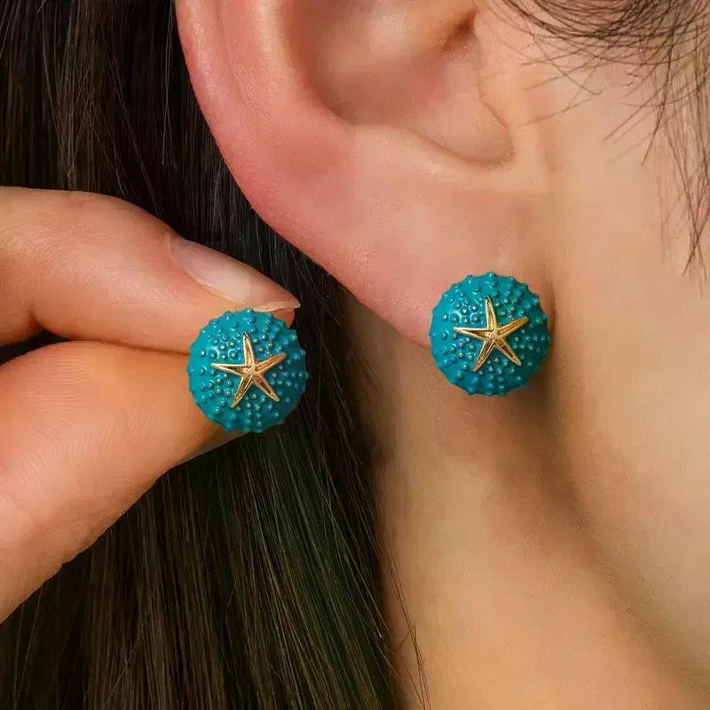 Cute Luxury Multi Color Round Sea Urchin Gold Color Starfish Stud Earrings For Women Bohemian Island Outing Pool Party Jewelry