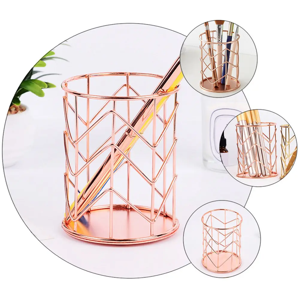 1Pcs Simple Design Pen Organizer Gold Tone Metal Desktop Holder for Makeup Brushes Office Stationery Multipurpose Storage Case