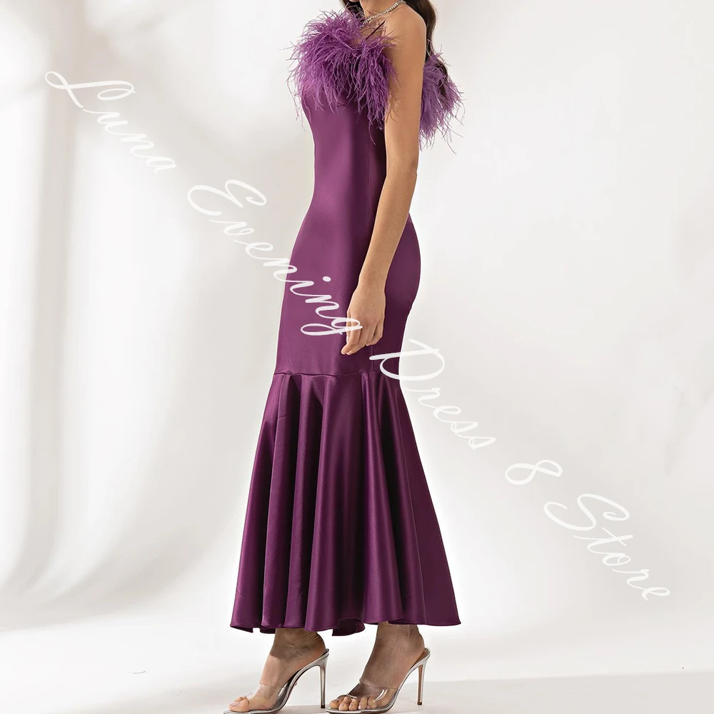 Customized Delicate Satin A-Line Spaghetti Straps Feathers Evening Dress Scalloped Floor Length Sleeveless Vestidos de fiesta