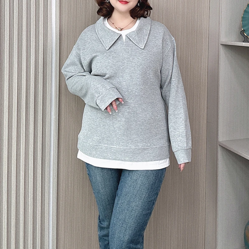 Women's Long Sleeve Sweatshirt, Fake Two Piece Pullover, Loose Hoodie, Peter Pan Collar, Casual Tops, Plus Size, Spring, Autumn