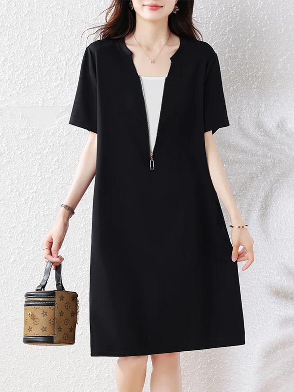 

Элегантное свободное женское летнее платье: модная прямая юбка-труба, V-образный вырез, короткий рукав, застежка-молния, цельное, из тонкой ткани