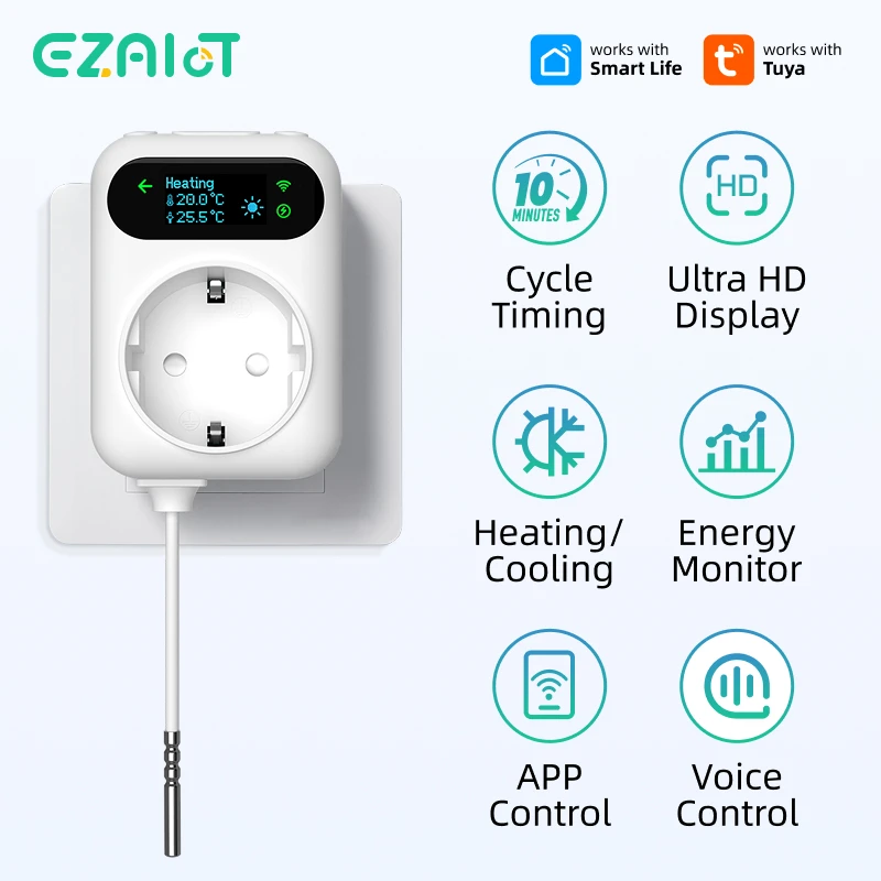 Tuya Smart Socket Thermostat WiFi Digital Plug Temperature Controller Cooling Heating Electricity Monitoring Voice Alexa Google