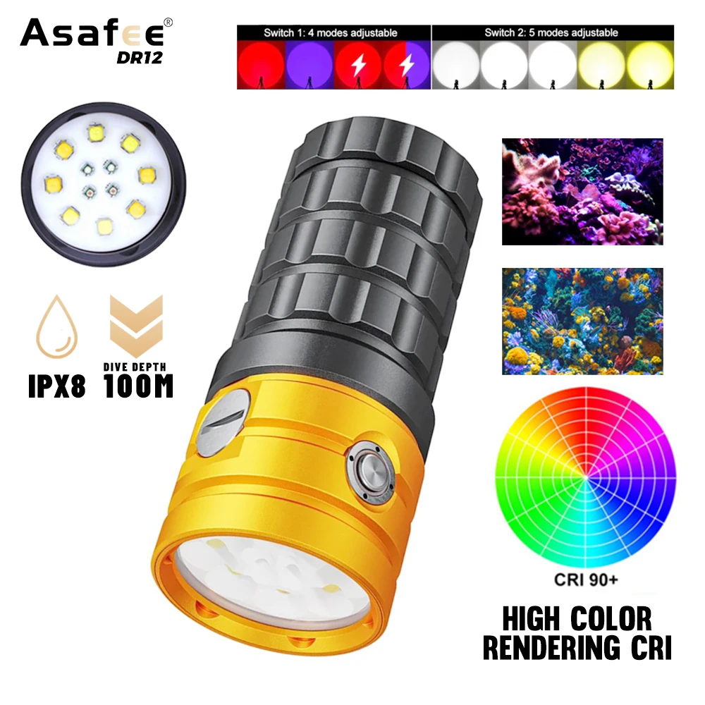 Asafee DR12 25000LM Professional LED Diving Flashlight Waterproof Red Blue White Warm Underwater Photography Video Torch Light