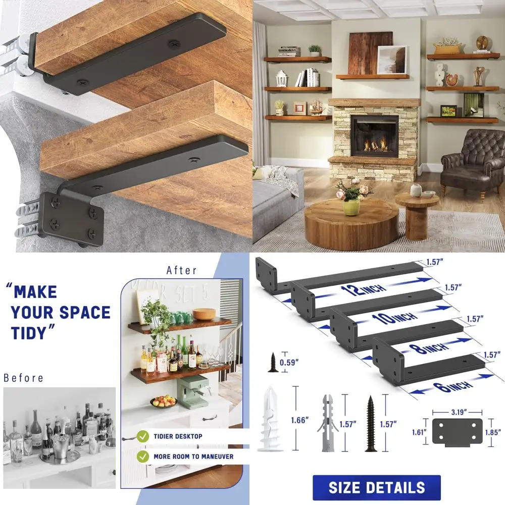 

Heavy-Duty Metal Floating Shelf Brackets, 8-Inch Long, 12-Pack, Black Coated, Wall Mount Brackets for Shelves, Durable and Styli