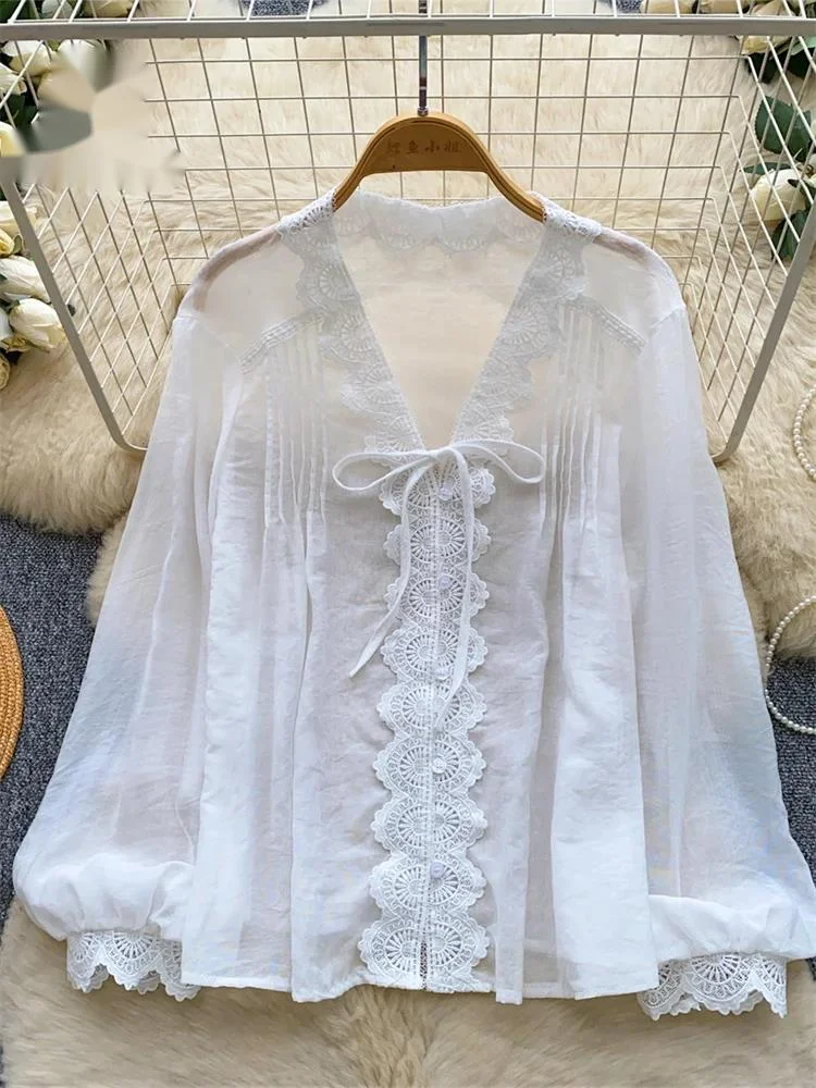 

Lace Romantic Workwear Blouse Full Sleeve V Neck Lace Up Ins Summer Casual Shirt Women Embroidery Office Lady Top