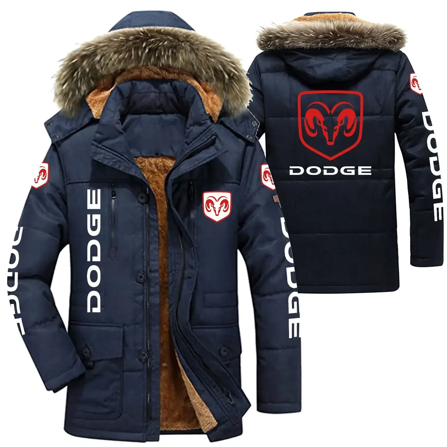 DODGE Logo Men's Winter Cotton Jackets Hooded Parkas Lamb Fur Lining Plush Men Cold Thickening Fashion Motorcycle Jacket