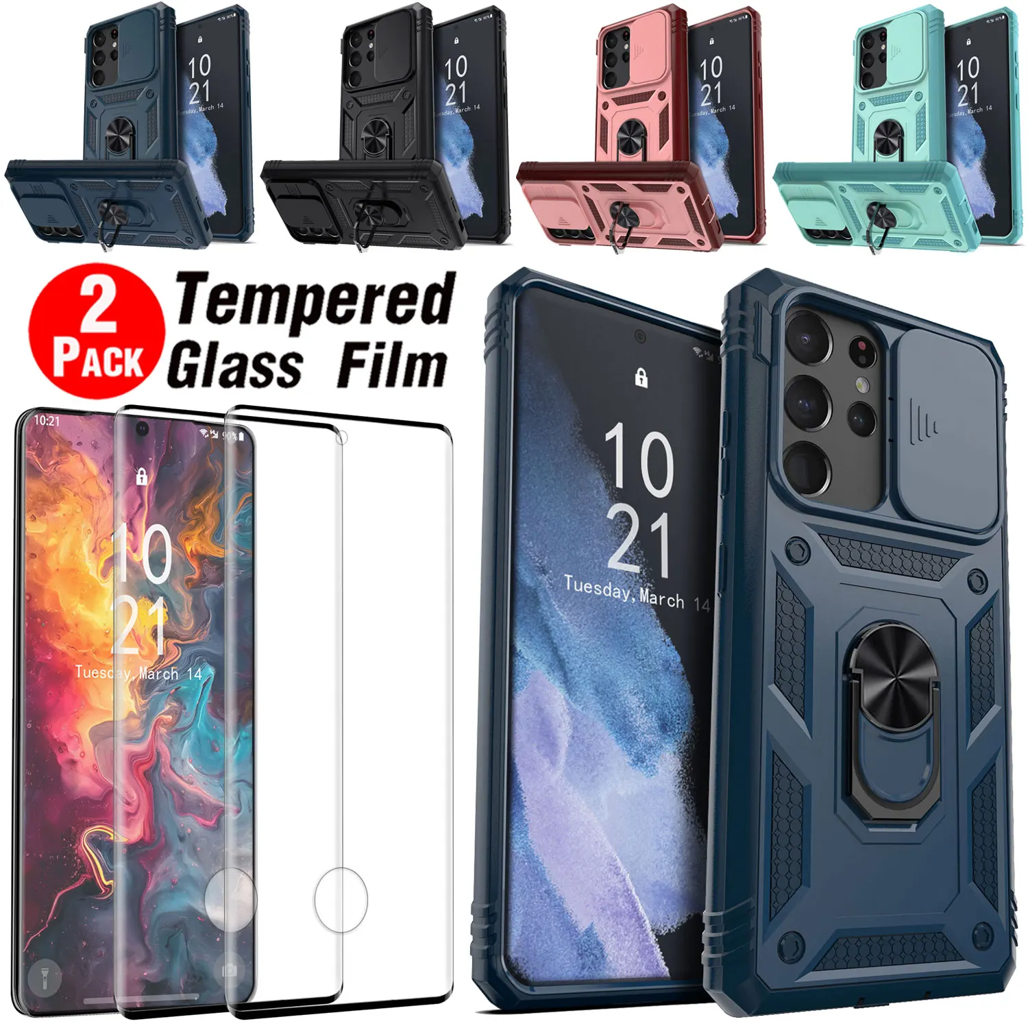 

For Samsung For Galaxy S21 FE/S21 Ultra/S21 Lens Slide Protect Case Ring Stand Cover +2PCS Clear Tempered Glass Screen Protector