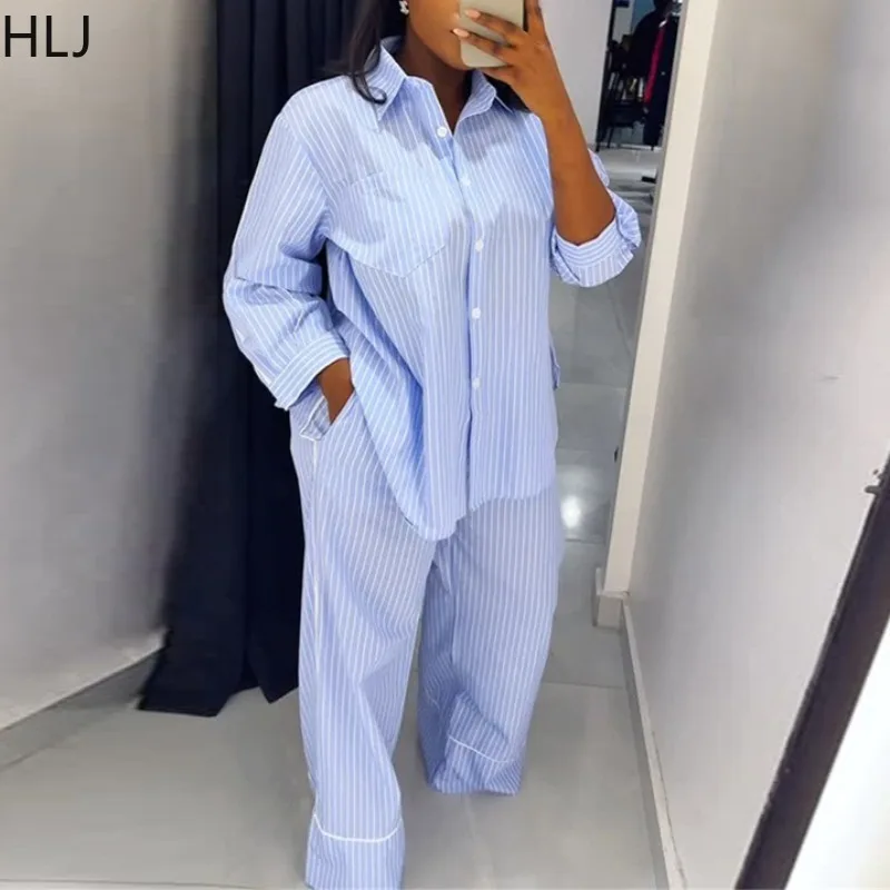 

HLJ Fashion Stripe Patchwork Two Piece Outfits Woman Long Sleeve Single Breasted Top and Pants Suits Female Streetwear Clothing