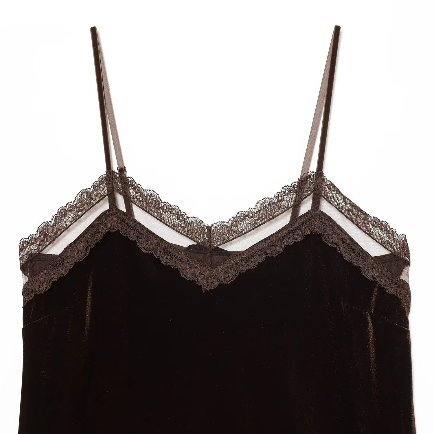 HH Damen Elegantes Samt-Top mit Spitzenbesatz V-Ausschnitt Ärmellos Spaghettiträger Rückenfreies Top Sommer Casual High-Street-Oberteil – Detail 4