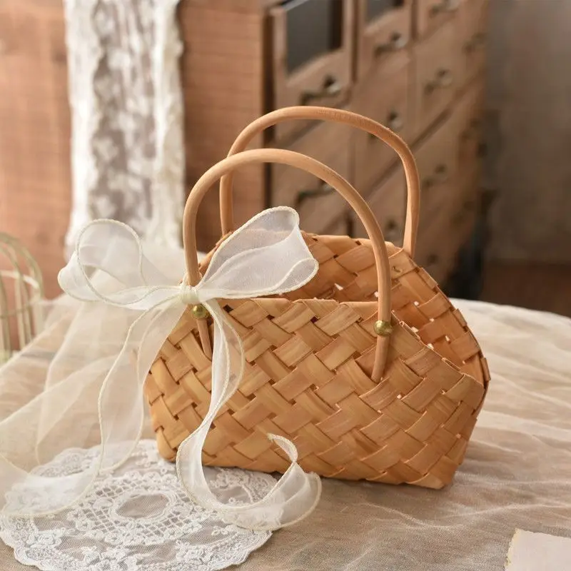 Ins Rustic Style Bamboo Small Flower Basket Flower Arrangement Picnic Handmade Rattan Weaving Carry Basket