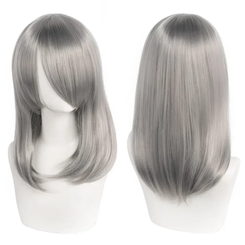 Neue 45cm Mittellange Anime Cosplay Perücke mit Pony in Blond, Schwarz, Weiß, Rot, Pink, Grün, Braun, Gold, Blau, Hitzebeständige Synthetische Haarperücken – Detail 32