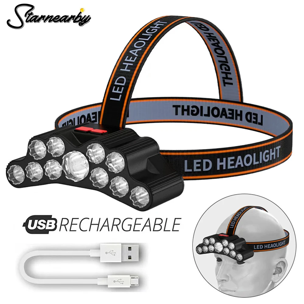 11LED Headlamp Strong Light Head-Mounted Flashlight USB Rechargeable Head Lamp Outdoor Portable Hiking Camping Fishing Headlight