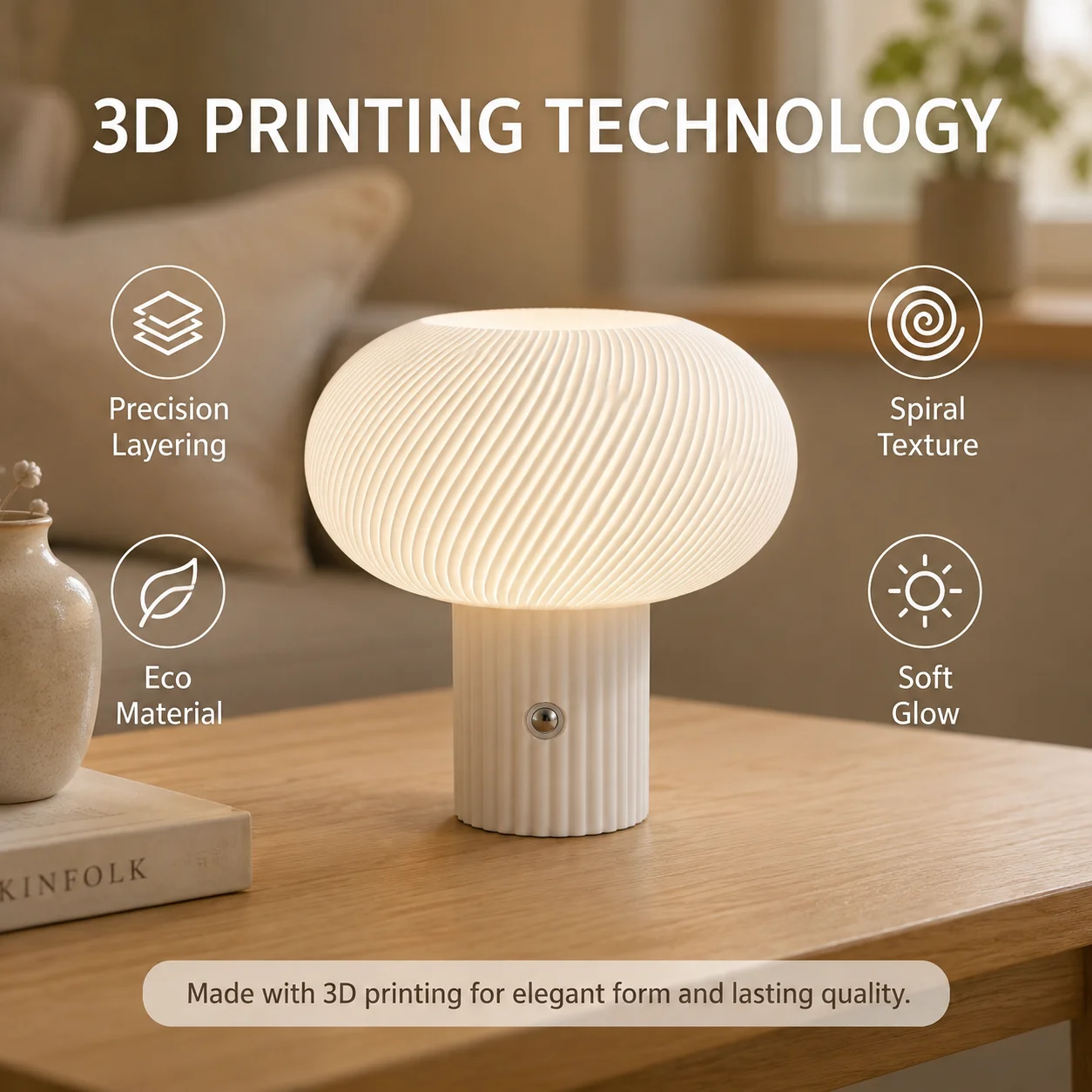 LED Table Lamp 3D Printed Spiral Texture for Housewarming Birthday Gift Bedroom Touch Dimmable 3 Color Modes Eye-Friendly White