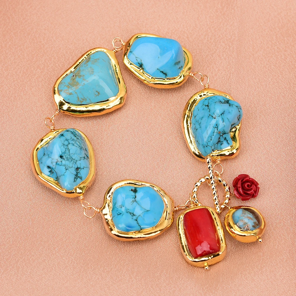 

G-G Blue Turquoise Freeform Nugget 24K Gold Plated Red Coral Murano Glass Beaded Bracelet Ethnic style Lady Gifts