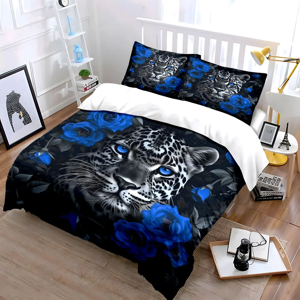 Leopard with blue eyes and roses Duvet Cover Set with 3D Printing Design Soft Polyester Bedding Set All-Season Comfort