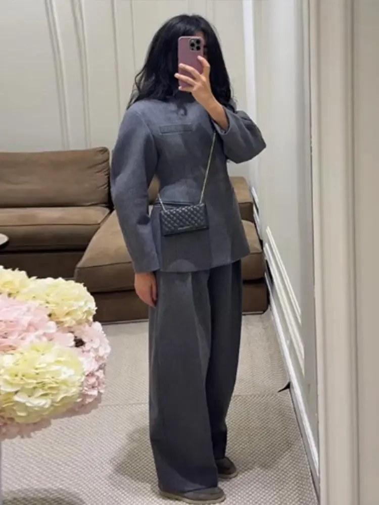 Casual Solid Women's Woolen Coat Trouser Suits Waist-Closed V-Neck Straight Pants Lady Set 2026 Autumn Winter Set Female New