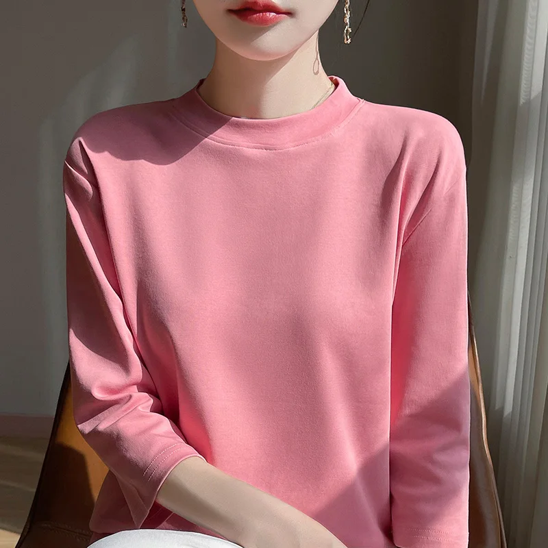 

Spring Summer Semi-High-Necked Cropped Sleeve Mercerized Cotton T-shirt Female Bottoming Shirt Cotton Short Sleeve Joker Loose