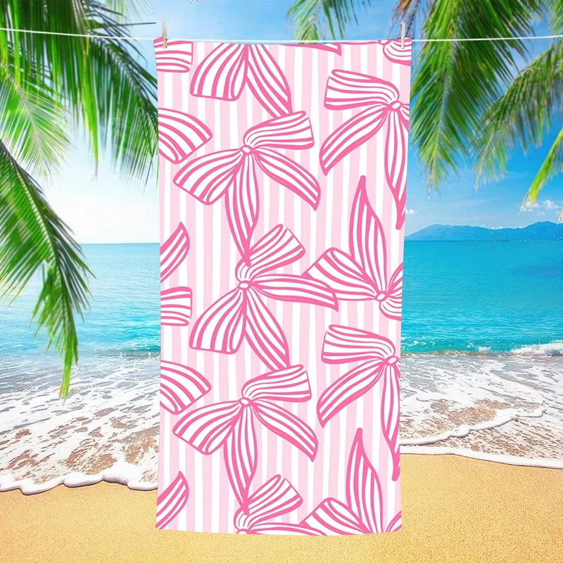 Pink White Vertical Stripe Striped Bow All Over Print Microfiber Quick Dry Girly Coquette Aesthetic Summer Beach Towel