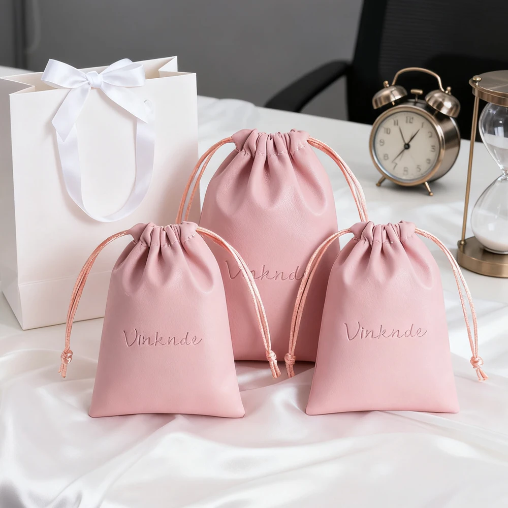 

50pc Personalized Logo PU Leather Soft Headphone Drawstring Bags Jewelry Headset Earphone Cable Waterproof Storage String Bags