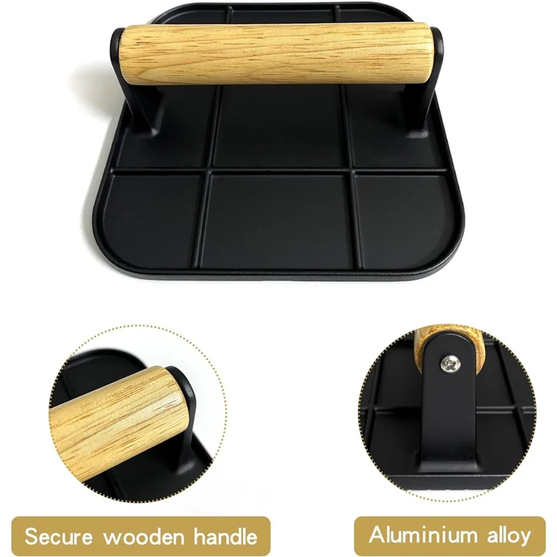 

Best-Meat Press With Wooden Handle 6In Square Burger Press Aluminum Hamburger Smasher Tool Use For Grill And Griddle Cooking