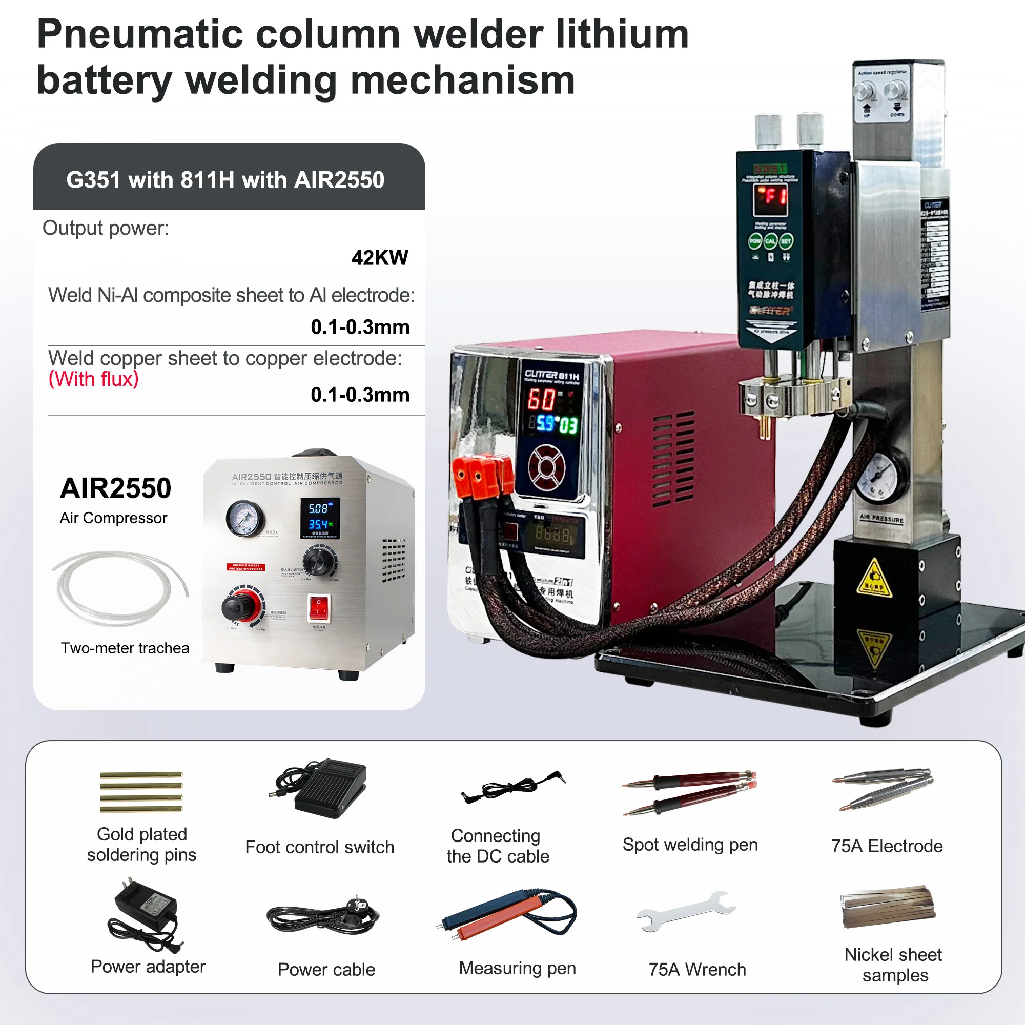 G351 Glitter Parallel Welding 36kw 811A/42kw 811H + AIR2550 Pneumatic Column Welder Lithium Battery Welding Machine Spot Welding