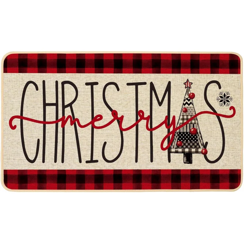 Merry Christmas doormat with red and black buffalo pattern and non slip rubber entrance pad