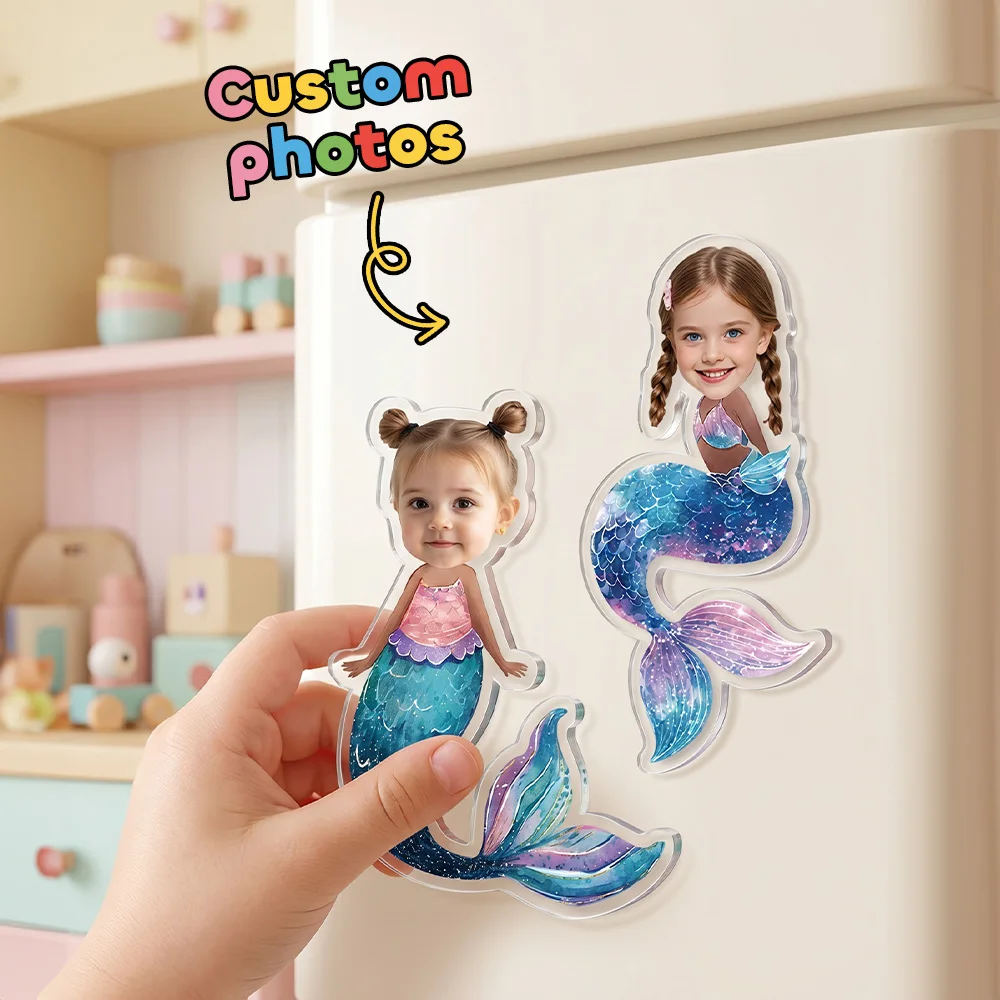 Custom  Mermaid Magnet, Personalized Photo Fridge Sticker, Cute Little Mermaid Character,  Toddler Girls Keepsake,