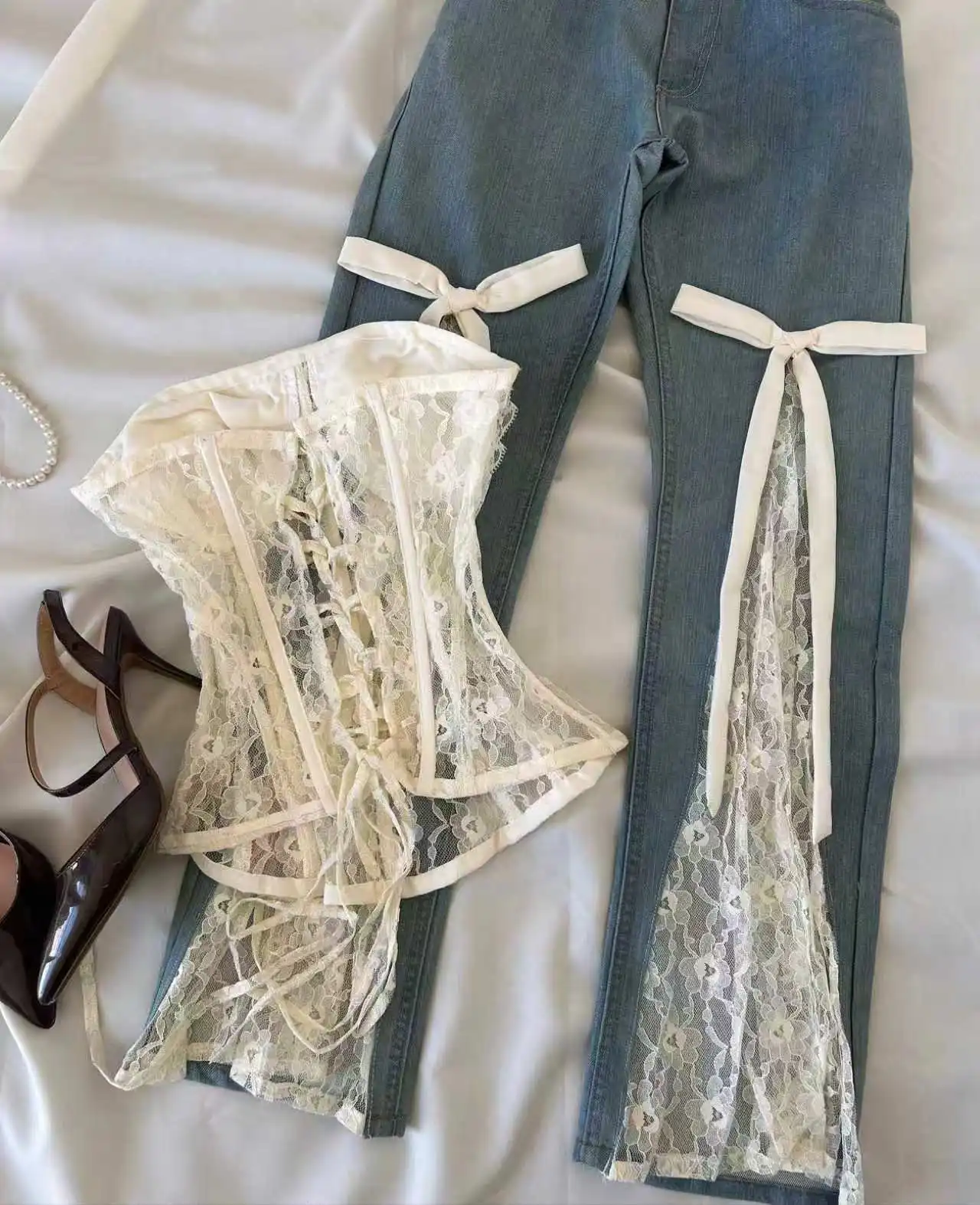 New Korean High Waisted Bow Lace Patchwork Split Jeans 2026 Y2K Light Blue Washed Slim and Slightly Flared Pants for Spicy Girls