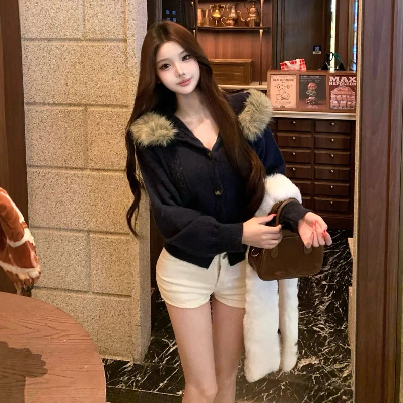 

Slimming Effect Korean Sle Women's Hoodie Sweater Waist Cinched Faionable Winter Top Comfortable Soft Knittedwear