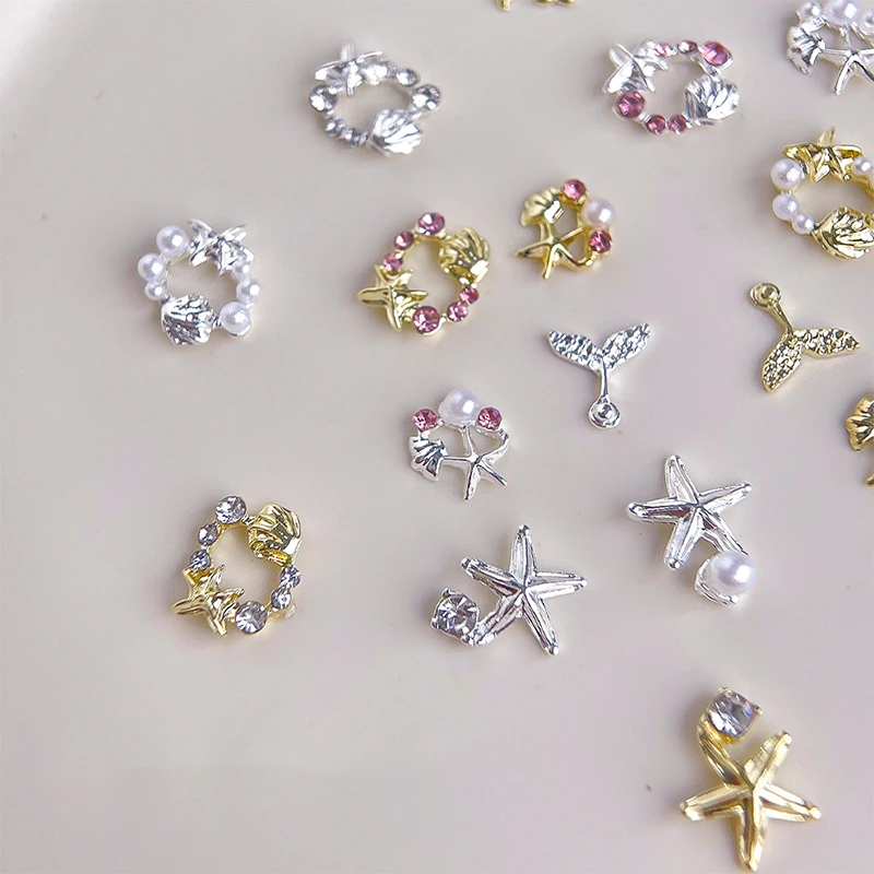 5Pcs Perle Seestern Shell Legierung Kranz Jakobsmuscheln Sommer Nail art Schmuck Dekorationen Mode Niedlichen Metall Maniküre Zubehör