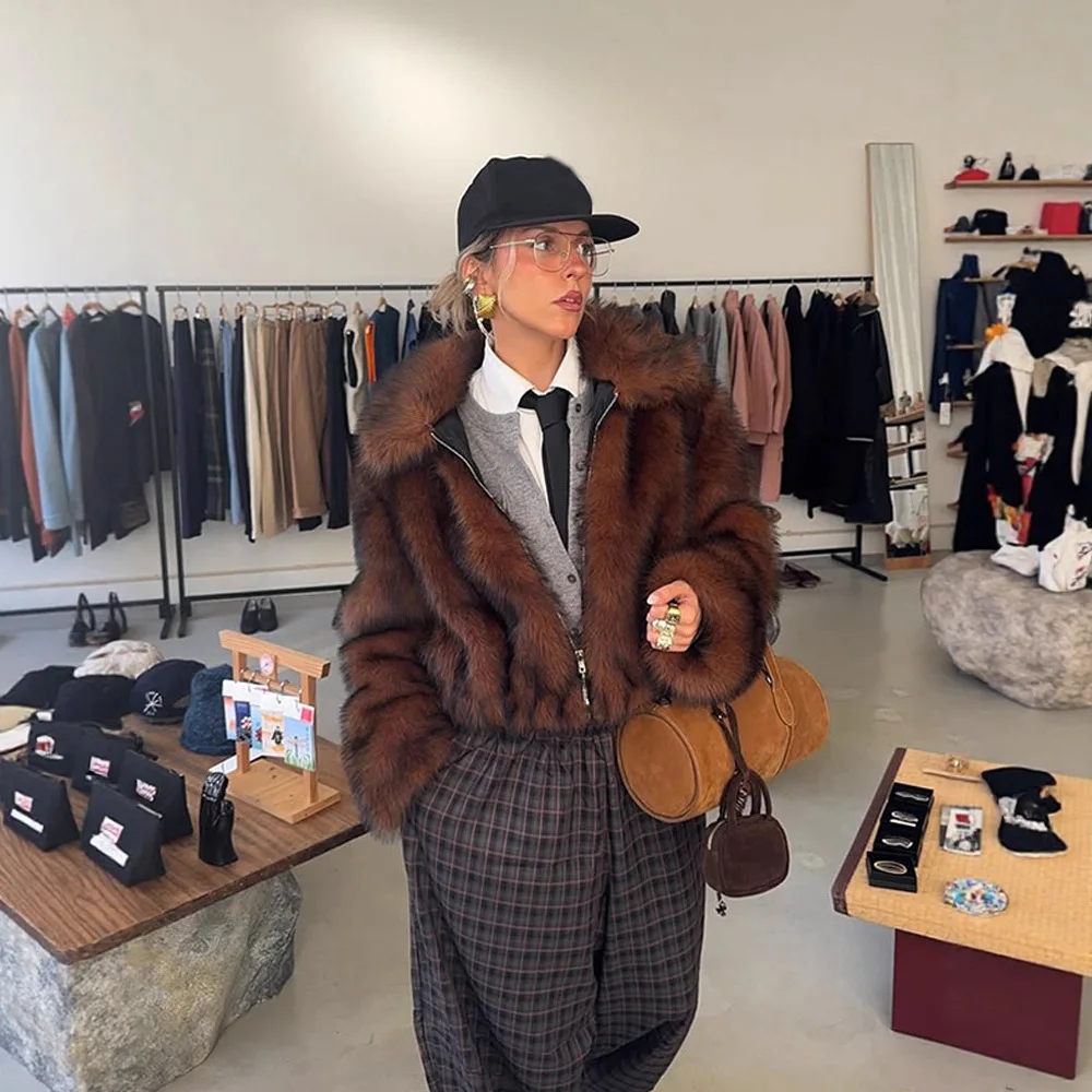Chic Braun Winter frauen Künstliche Eco Pelzmantel Revers Kragen Zipper Faux Pelzmantel Für Dame Flauschigen Verdickte Weibliche Pelz jacke
