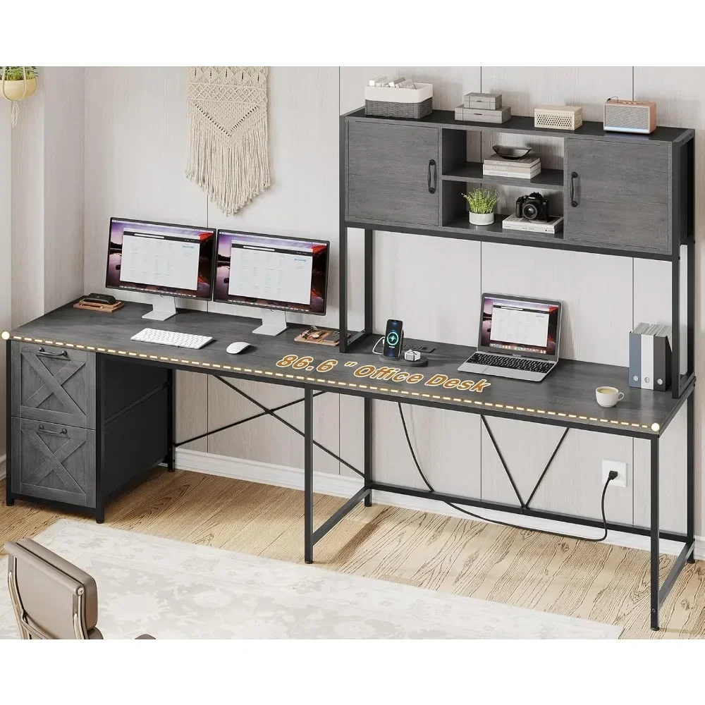 

L Shaped Gaming Desk, Reversible Computer Desk with Fabric Drawers and Power Outlet, Gaming Desk with Led Lights