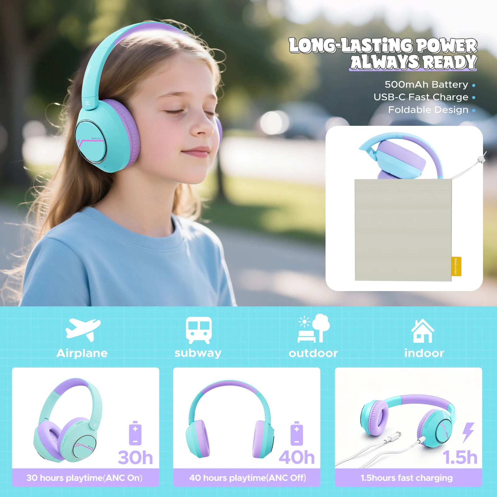 Kabellose Bluetooth-Kopfhörer für Kinder, aktive Geräuschunterdrückung, sichere Lautstärke, faltbares Headset mit Mikrofon für Kinder und Teenager – Detail 9