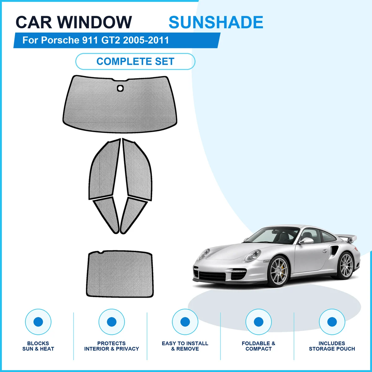 For Porsche 911 GT2 2005-2011 Custom Full Set Window Sunshades Aluminum Foil Suction Cup Anti UV Privacy
