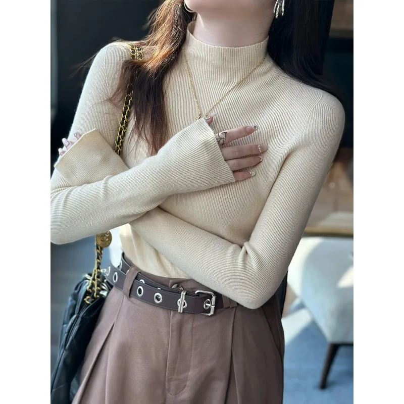 เสื้อสเวตเตอร์คอเต่าแฟชั่นผู้หญิงสไตล์ลำลองสำหรับฤดูใบไม้ร่วงปี 2025 เสื้อถักนิตติ้งสีพื้นเรียบหรูสำหรับฤดูใบไม้ผลิและฤดูใบไม้ร่วง