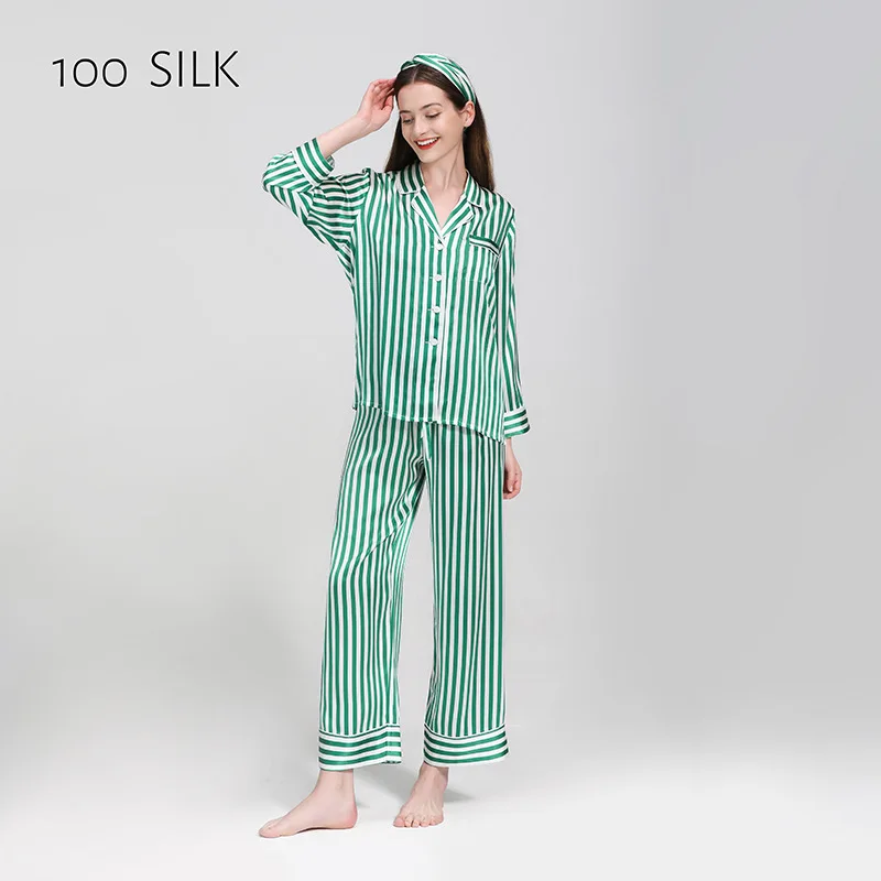 High Quality Natural 19Momme Striped Real Silk Pajamas Spring and Summer NewV Collar Ladies Home Leisure Suit