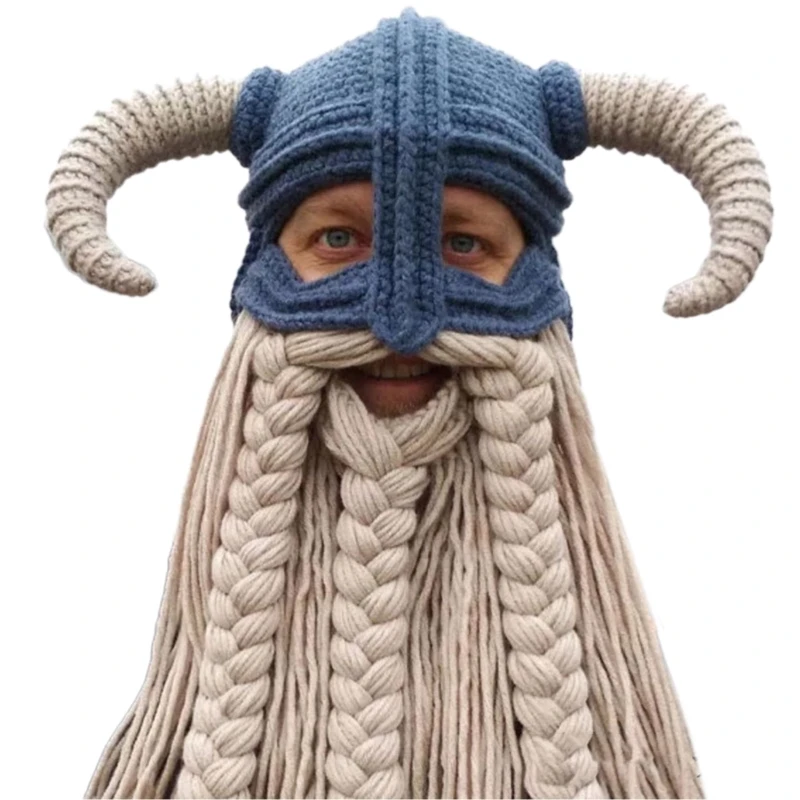 Handmade Long Beard Mask Hat Horns Hat Knitted Skull Balaclava Surprise Gifts for Funny Halloween Cosplay Props