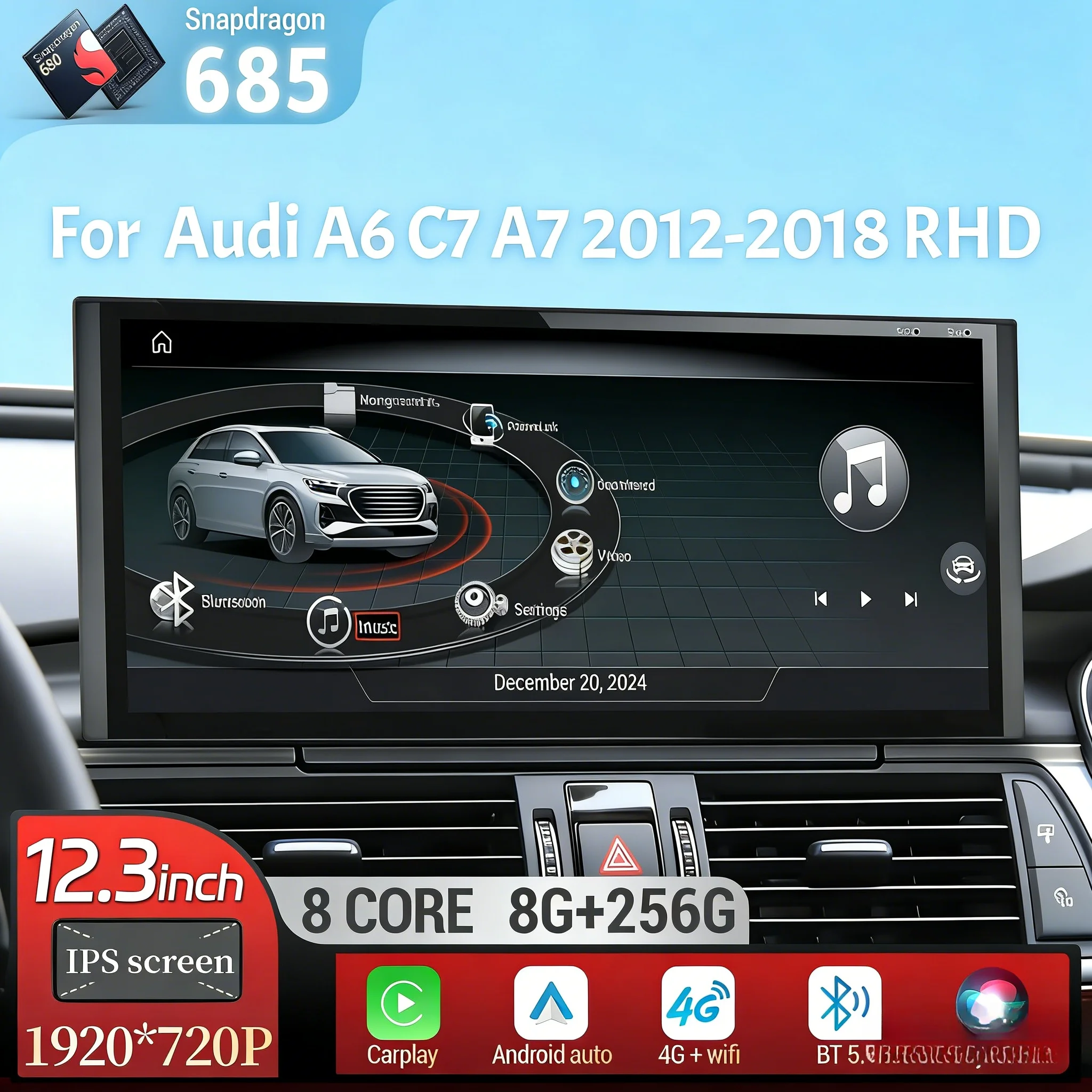 12.3 inch Right Hand Drive Android 13 Car Radio Qualcomm Snapdragon 685 For Audi A6 C7 A7 2012-2018 Wireless BT Carplay  Screen